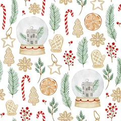 Peel and stick wall murals Christmas motifs Watercolor christmas seamless pattern with show globe, fir, cookies, candy. Isolated on white background. Hand drawn clipart. Perfect for card, fabric, tags, invitation, printing, wrapping.