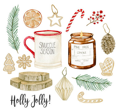 Watercolor Illustration Set With Christmas Decor, Cup, Candle, Fir, Cookies. Isolated On White Background. Hand Drawn Clipart. Perfect For Card, Postcard, Tags, Invitation, Printing, Wrapping.