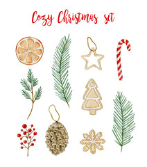 Watercolor illustration set cozy christmas, fir, cookies, candy cane, berries, cone, orange. Isolated on white background. Hand drawn clipart. Perfect for card, postcard, tags, invitation, printing.