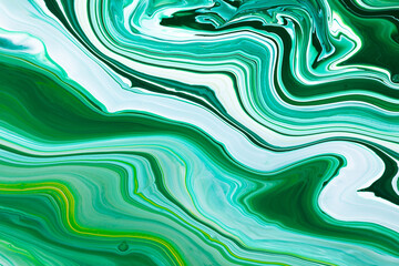 Fluid art texture. Abstract backdrop with mixing paint effect. Liquid acrylic artwork with flows and splashes. Mixed paints for baner or wallpaper. Yellow, emerald and white overflowing colors.