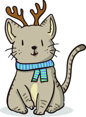 cute cartoon cat wearing a scarf and antlers