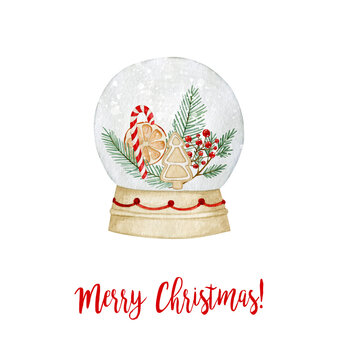 Watercolor illustration card merry christmas with snow globe. Isolated on white background. Hand drawn clipart. Perfect for card, postcard, tags, invitation, printing, wrapping.