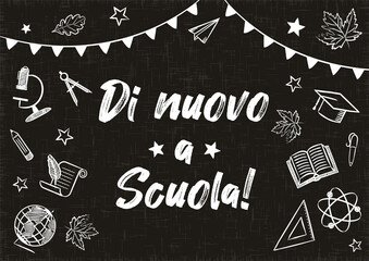 Back to School chalk banner in Italian. White Flags and school items on a blackboard. Blank for school banner, presentation, template, card. Vector illustration. Translation: Back to School