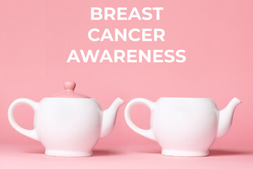 Breast Cancer Awareness Month. Two white porcelain teapots on a pink background. One teapot without a lid, symbolizing the disease. The concept of prevention against breast cancer