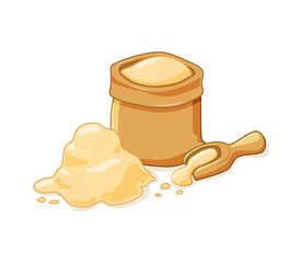 Cane sugar in an open bag and scattered. Set on a white isolated background. Vector illustration of a cartoon. Sugar in fabric sack mockup