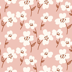 White vintage style flowers on blush background seamless pattern texture.