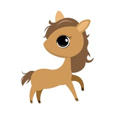 Little cub foal. Horse. Isolated object on a white background. Cheerful kind animal child. Cartoons flat style. Funny. Vector