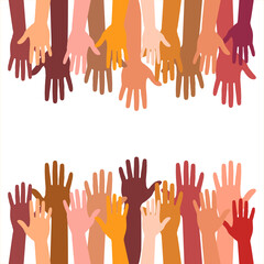 Colored volunteer crowd hands isolated on white background. People stretch their hands towards each other. Teamwork, collaboration, voting, volunteering concert.