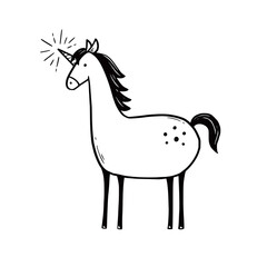 Doodle cute unicorn. Hand drawn sketch style. Simple black and white color unicorn vector illustration.