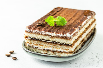 Creamy delicious tiramisu. Space for text.