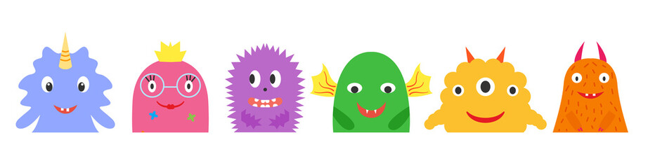 Monsters half, multicolored bright set, kind smiling with horns and wings, smooth and fluffy, with a crown and flowers. A collection of cute funny characters. Vector flat illustration