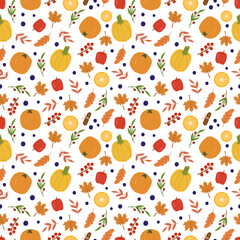 Autumn cozy seamless pattern with pumpkins,apples,lemons,berries and leaves. 