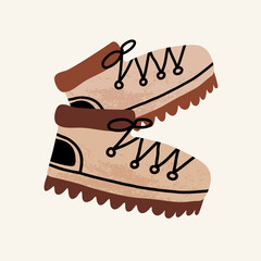 Cute summer pastime banner, outdoors sport card design. Pair of hiking, tourist or track boots.