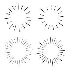 Doodle circle sunburst, sparkle ray set. Hand drawn sketch style. Shine frame symbol for badge. Vector illustration.
