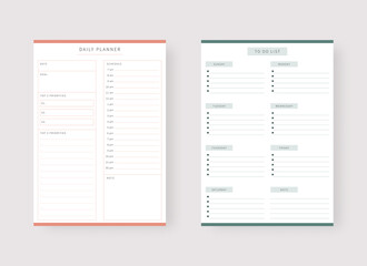 Modern planner template set. Set of planner and to do list. Daily and to do list planner template. Vector illustration.