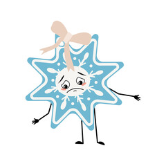 Cute Christmas snowflake with sad emotions, depressed face, down eyes, arms and legs. Joyful New Year festive decoration with eyes