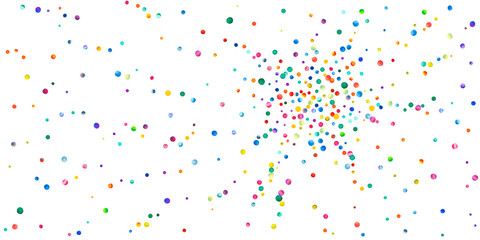 Watercolor confetti on white background. Alive rainbow colored dots. Happy celebration wide colorful bright card. Cute hand painted confetti.