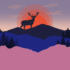 Flat Illustration of a colored drawing of silhouettes of a deer with antlers in the rays of the sunset among the mountain peaks with trees on a colored background. High quality illustration