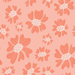 Fototapeta na wymiar coral orange floral seamless pattern in hand drawn naive style, flowers background