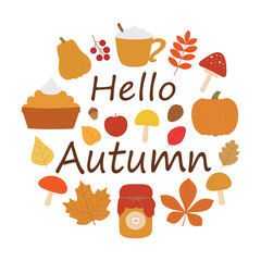 Autumn banner vector illustration. Autumn leaves postcard. Pumpkin mushrooms frame