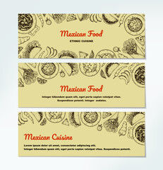 Set of and drawn Mexican food horizontal banners. Vector illustration in sketch style