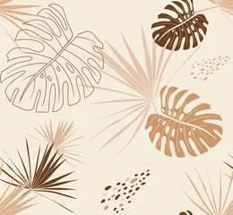 Wall murals Boho style Delicate seamless pattern in beige shades with palm branches and monstera leaves in boho style in vector for textiles and surface design
