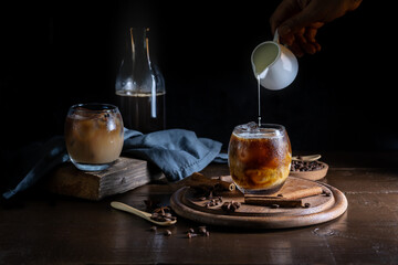 Cold Masala coffee in glasses and spices