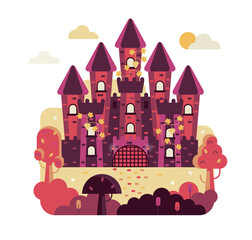 Fairytale castle with 5 towers entwined with grapes. Vector illustration in flat game design stile, square illustration 