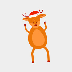 Christmas deer with one hand raised. Christmas cute cartoon character. Vector hand-drawn illustration. Icon isolated on white background. Celebrating Christmas and New Years in December