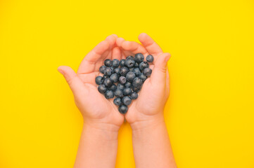 Kid's palms with a handful of blueberries on a bright yellow background with place for text