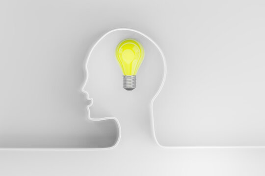 Human head with light bulb. creative, idea and  imagination concept, 3d illustration