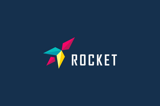 Rocket Logo. Colorful Geometric Arrow Up Icon Origami Style isolated on Blue Background. Usable for Business and Technology Logos. Flat Vector Logo Design Template Element.