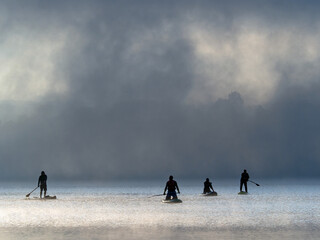 rowers crossing the lake in the morning mist