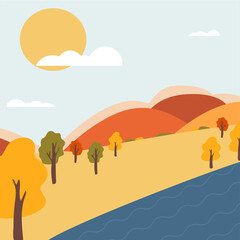 Autumn landscape with trees, a pond and mountains. Rural landscape. Vector illustration in a flat style. Sunny autumn