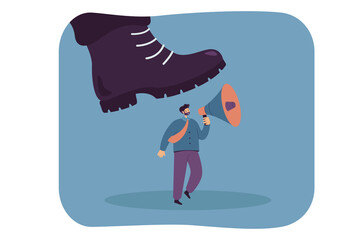 Giant boot stepping on tiny worker holding megaphone. Flat vector illustration. Cartoon businessman under big shoe of soldier. Army, freedom of speech, business, crush concept for banner design