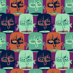 Vector seamless pattern illustration design of abstract lined surreal faces