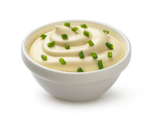 Sour cream with onion on white background