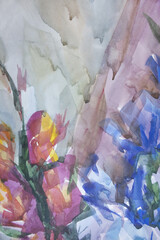 Picturesque gladiolus illustration. Fall wallpaper with copy space. Surface with smudges and stains. Watercolor texture. Autumn vertical background.