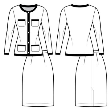 Set of Suit Chanel - style - classic skirt and blazer technical fashion illustration with two - pieces, knee length, long sleeves, slim fit. Flat template front, back white color. Women men unisex CAD
