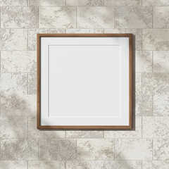 One wooden frame on brick wall. 3D render wooden painted frame mock up. Empty interior. 3D design interior. Template for business. Passe partout frame. Blank. Stone. Shadow on the brick wall.
