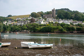 Noss Mayo and Newton Ferrers, Devon, England, UK. 2021.  Noss Mayo seen across The Yealm river from...