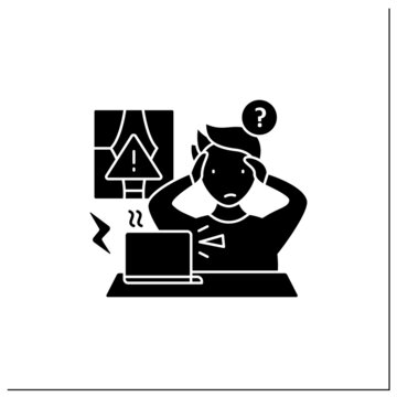 Remote Work Glyph Icon. Technical, Equipment Issues.Work Instrument Broken. Career Difficulties Concept. Filled Flat Sign. Isolated Silhouette Vector Illustration