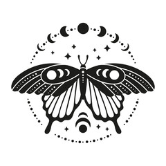 Beautiful butterfly with circle of moon phases. Mystical lunar sign. Print for T-shirt. Isolated black and white vector illustration