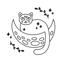 Cat laying on the moon. Cute kitty with moon sign. Floral elements. Isolated vector illustration