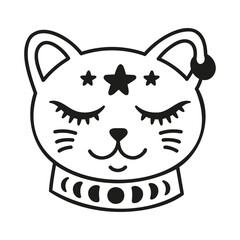 Cute cat face with stars. Collar with moon phases. Funny pet. Vector black and white illustration