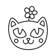 Cute cat face with flower. Funny summer illustration. Isolated vector black and white silhouette