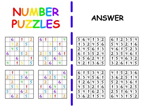 Number puzzles set for children vector illustration. Funny rainbow colorful sudoku games set educational activity page