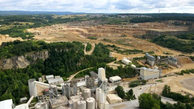 Aerial of a chalk / lime quarry in Germany, drone view of stone pit in 4k