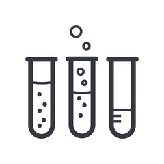 Black outline flask with reagent. Chemistry education and knowledge vector icon.