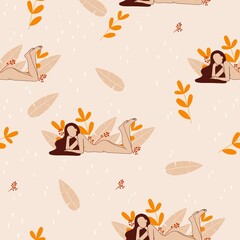 Seamless pattern with lying woman and plants. Femininity and self-care concept. Vector illustration in modern style